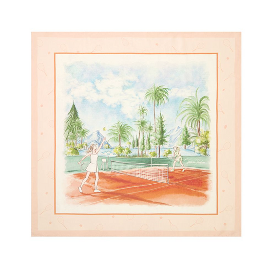 Silk scarf with image of two women playing tennis in a tropical location.