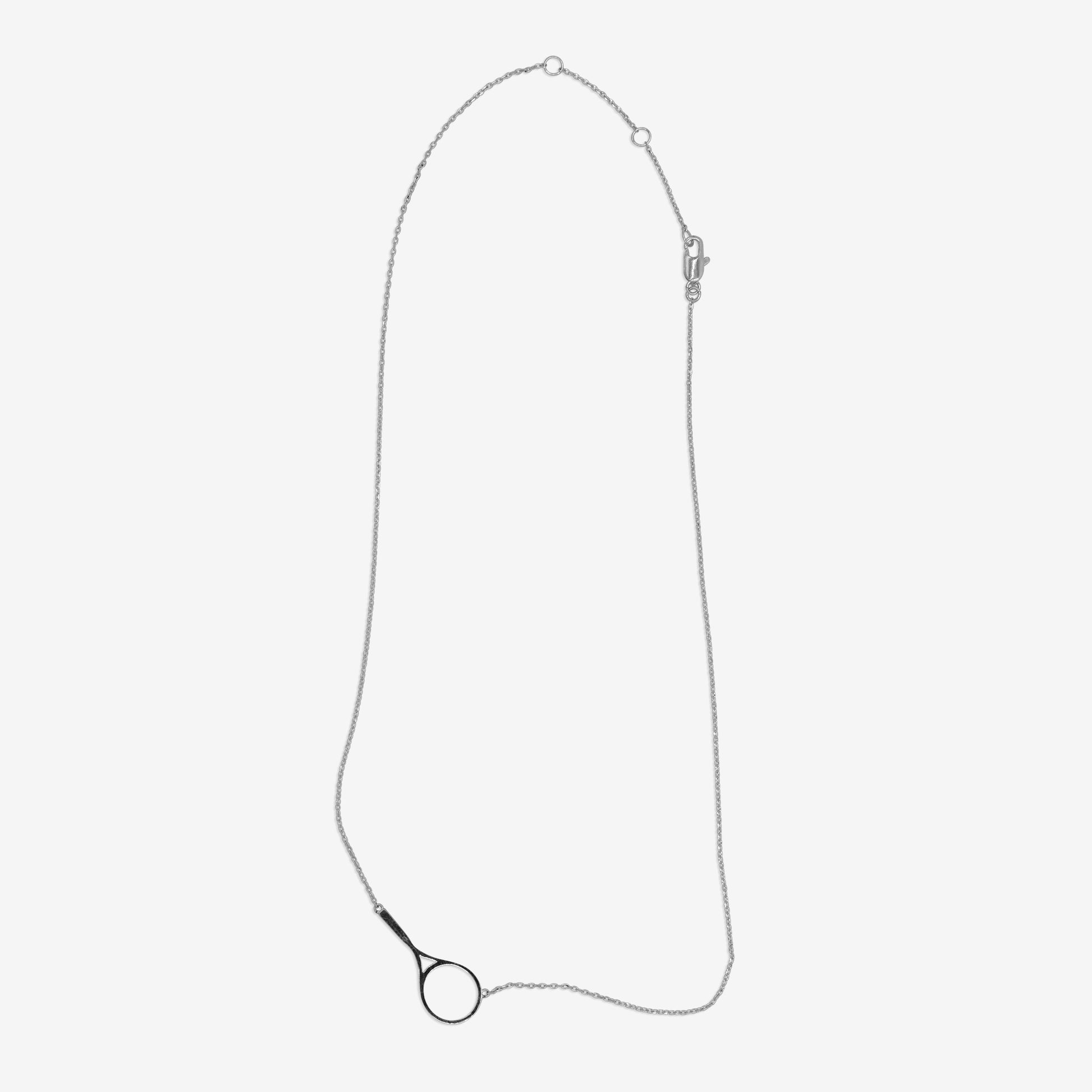 Silver tennis racquet necklace 1 1/8 in.