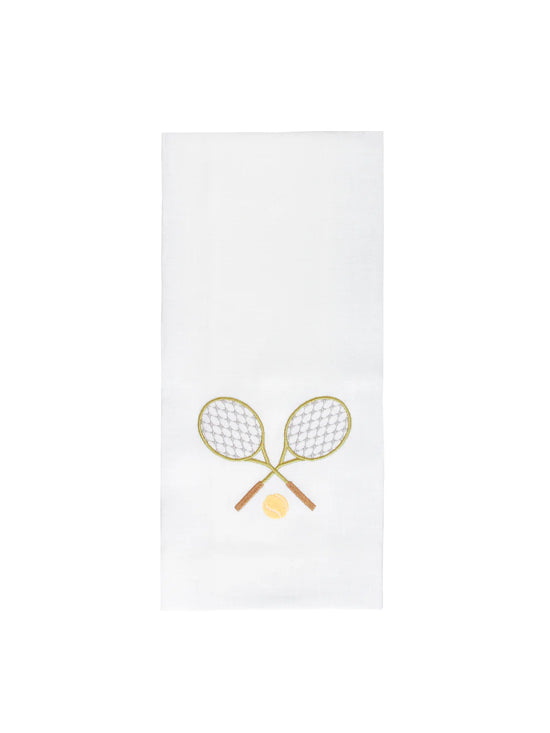 White linen hand towel featuring two crossed tennis racquets.