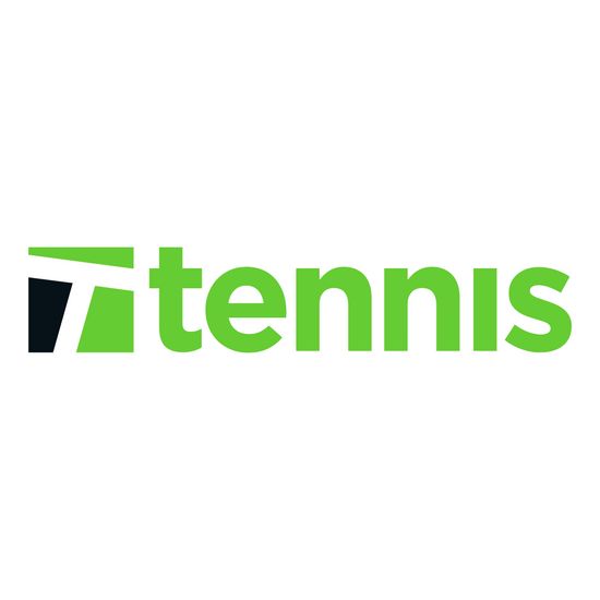 Stylized tennis ball and green text logo on a white background.