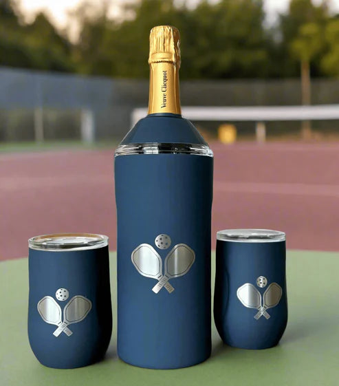 Set of wine chiller and tumblers with pickleball paddle decal.