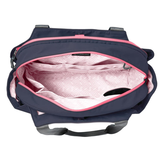 Open navy blue tennis bag with pink lining, multiple inner pockets, and top handles.