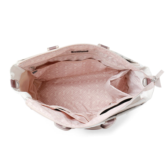 Open tennis tote bag with patterned pink interior and multiple pockets.