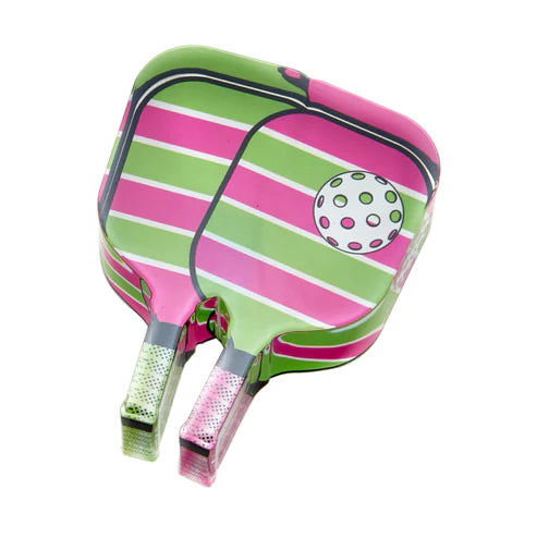 Two colorful pickleball paddles with pink, green, and white stripes, and a ball design on one paddle.