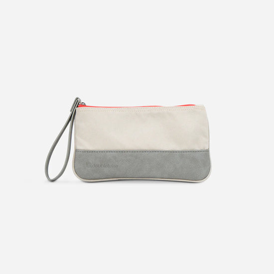 Two-tone wristlet pouch with a strap, featuring beige and gray colors and a small logo on the front.