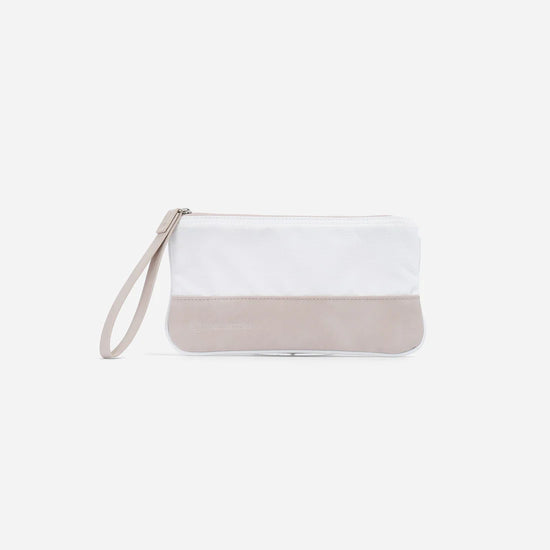 Cream and white clutch bag with a wrist strap, featuring a simple, minimalist design.