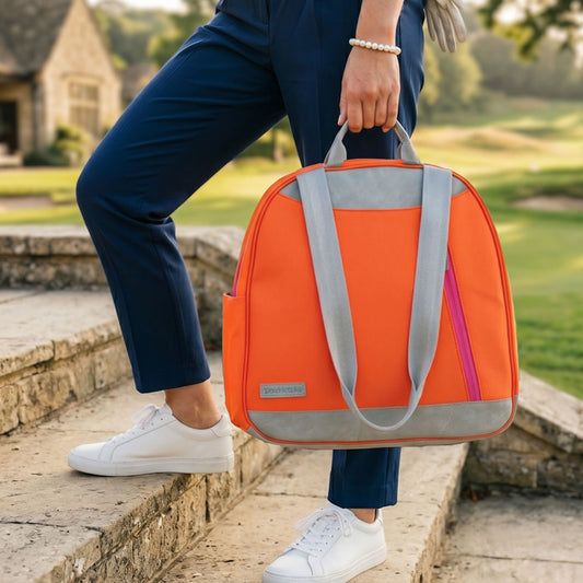 Melbourne Pickleball Backpack / Tote Citrus & Cerise Side View Lifestyle 