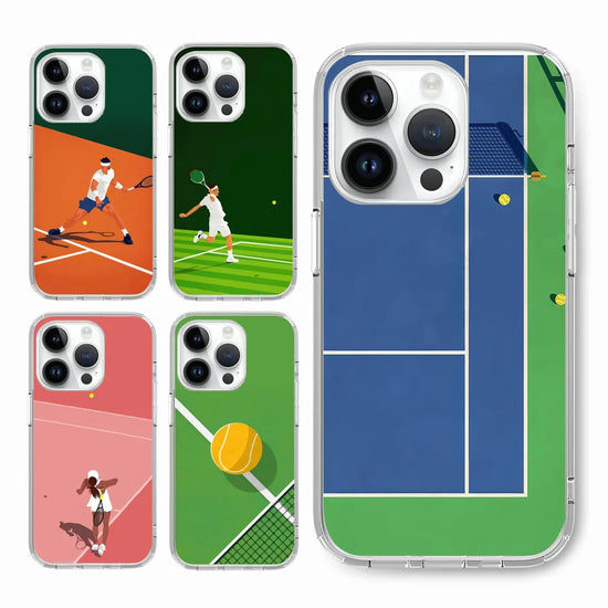 A collection of phone cases with tennis-themed illustrations and a blue-green tennis court design.