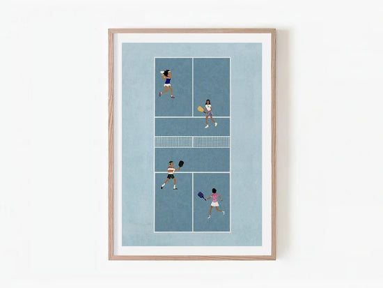 Framed pickleball poster of players on a pickleball court. 