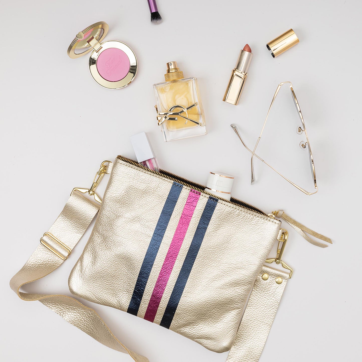 Reya Genuine Metallic Leather Crossbody Bag Champagne & Navy