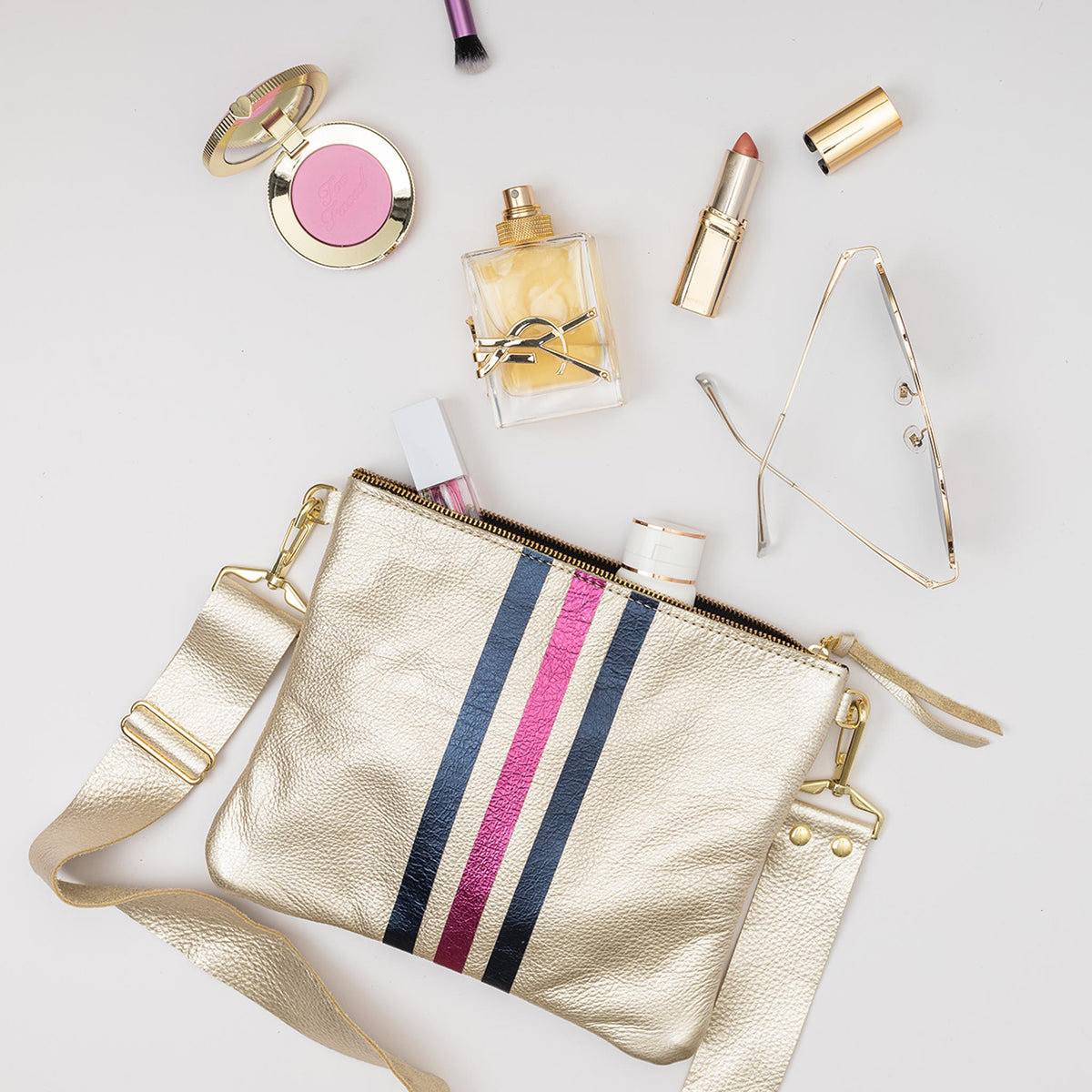 Reya Genuine Metallic Leather Crossbody Bag Champagne & Navy