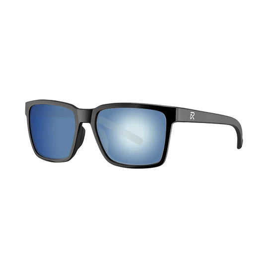 Black sunglasses with blue mirrored lenses and a white logo on the arm, displayed on a white background.
