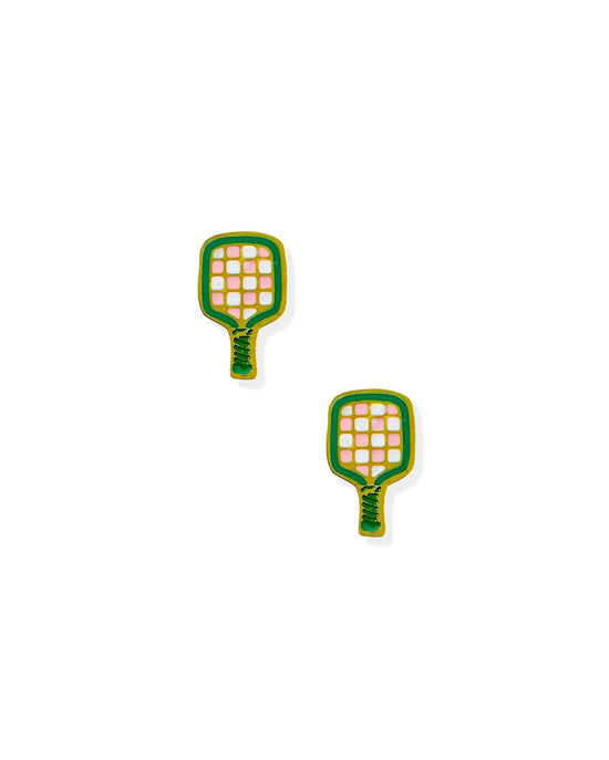 Small pickleball-shaped stud earrings.